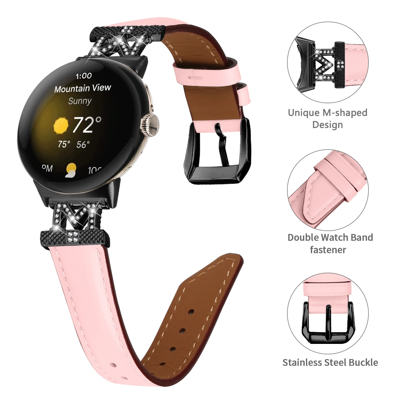Watch Band for Google Pixel Watch Pixel Watch 2 Black Buckle Genuine Cowhide Leather Strap with M Shape Rhinestone Decor Watch Band for Google Pixel Watch Pixel Watch 2 Black Buckle Genuine Cowhide Leather Strap with M Shape Rhinestone Decor
